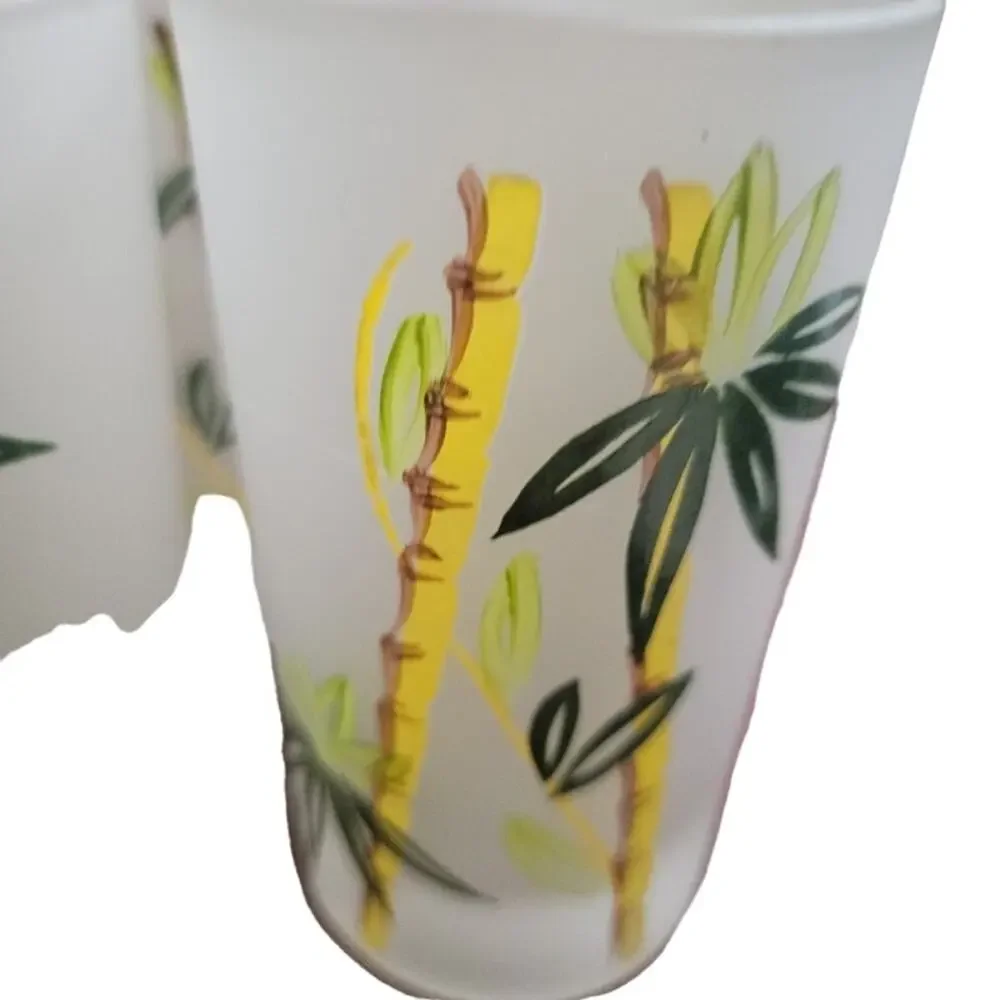 MCM Frosted Glassware Set‎ of 5 8 oz Tropical Bamboo Theme Green Yellow